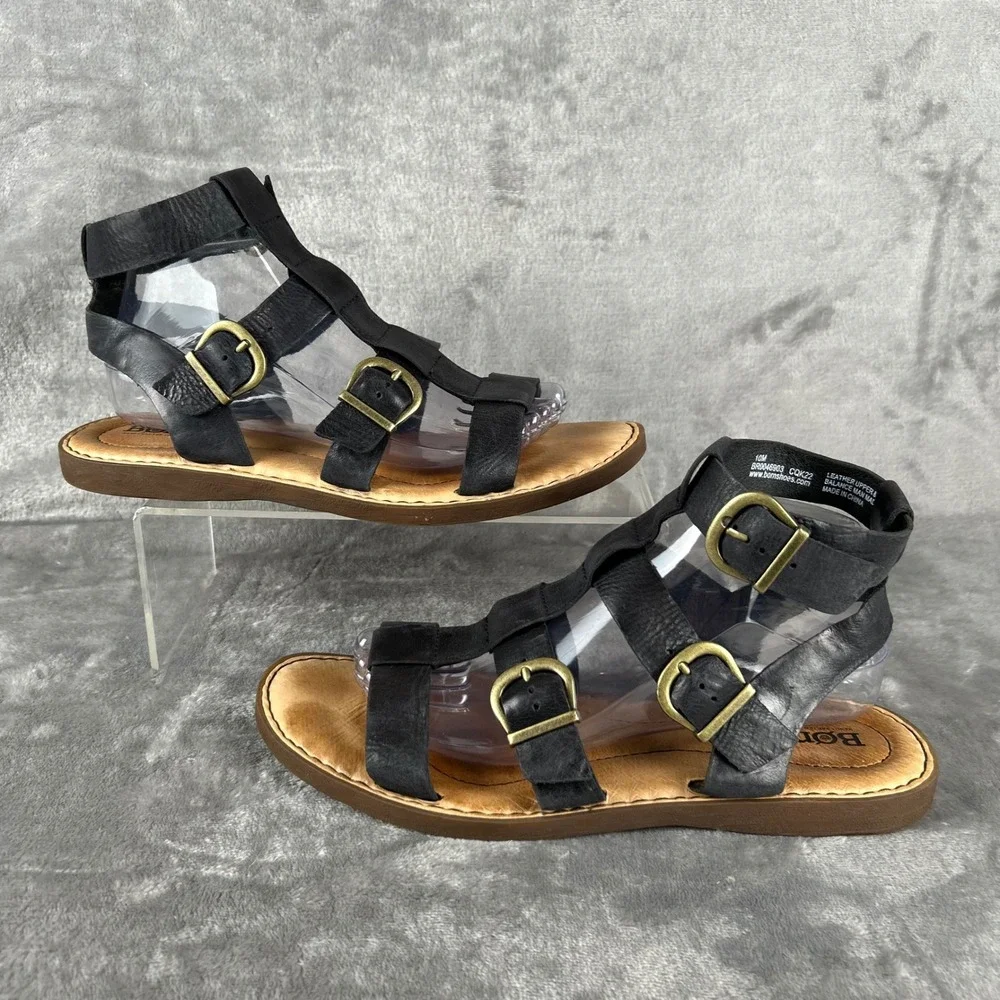 Born Haidee Black Leather Gladiator Sandals Womens 10 M BR0046903 Flat Strappy